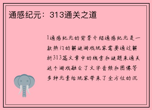通感纪元：313通关之道